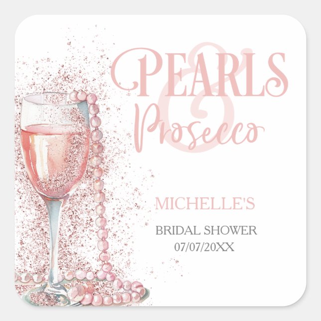 Sticker Carré Rose saumon Moderne Paillettes Perles et Prosecco (Devant)