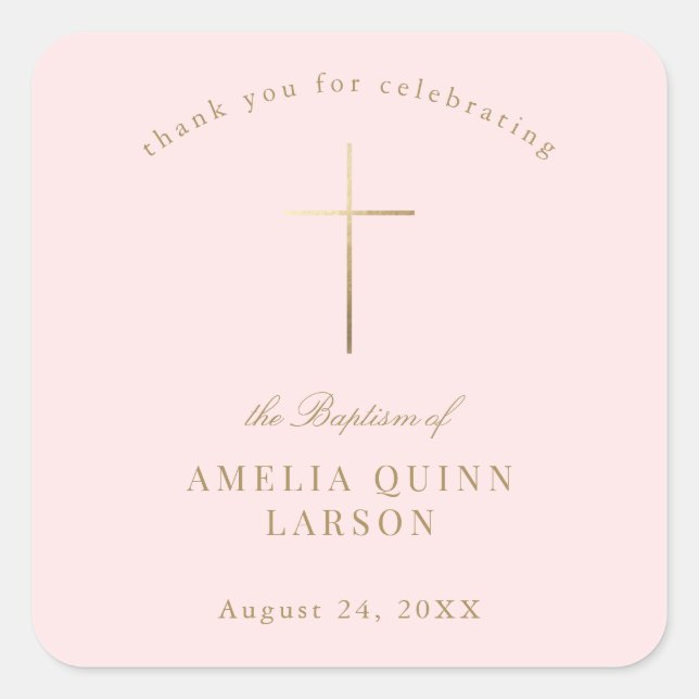 Sticker Carré Rose Simple Elegant Gold Cross Baptism Christening (Devant)
