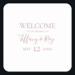Sticker Carré Rose simple élégant Mariage or Bienvenue<br><div class="desc">Cet autocollant simple et élégant mariage d'or rose d'accueil carré est parfait pour votre mariage d'or rose minimaliste classique. Le design est composé d'une vintage classique minimaliste, d'une police d'or blush contemporaine et d'une calligraphie formelle romantique délicate. Il est parfait pour les mariages de luxe du printemps, de l'été, de...</div>