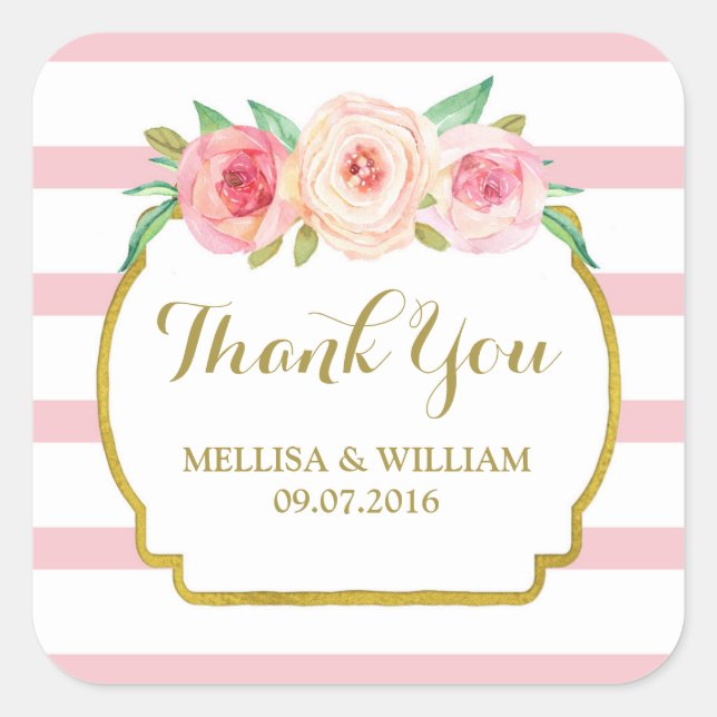Sticker Carré Rose Stripes Gold Rose Floral Wedding Favor Tags (Devant)