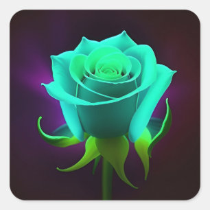 Sticker Carré 🌹 Rose Verte Néon Lumineuse Art Floral Abstrait �