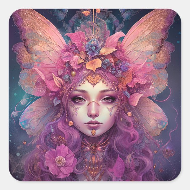 Sticker Carré Rose violet Fairy Queen Imaginaire Art (Devant)