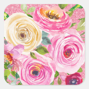Sticker Carré Roses aquarelles en rose et crème avec paillettes
