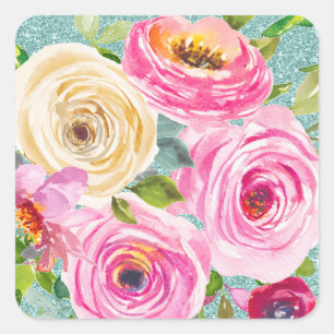 Sticker Carré Roses aquarelles en rose et crème avec paillettes 