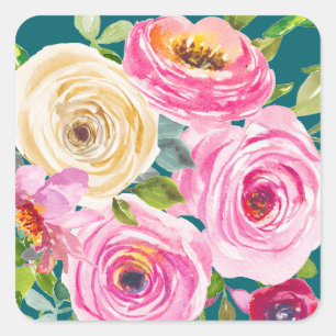 Sticker Carré Roses aquarelles roses et crème dans un cadre sarc