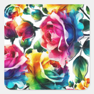 Sticker Carré Roses arc-en-ciel noires et blanches Mariage flora
