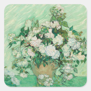 Sticker Carré Roses blanches de Van Gogh - Art floral mint vinta