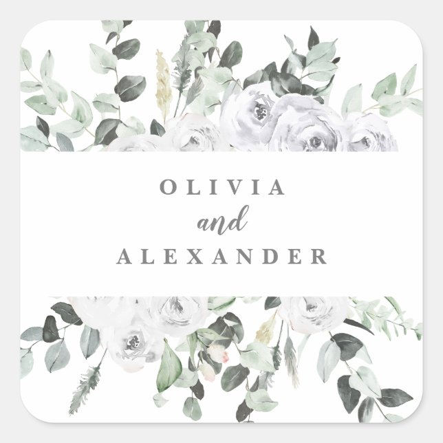 Sticker Carré Roses blanches et mariage floral vert (Devant)