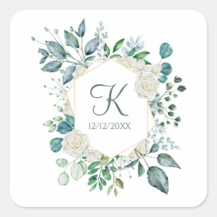 Sticker Carré Roses blanches Monogramme Feuillage Eucalyptus Mar