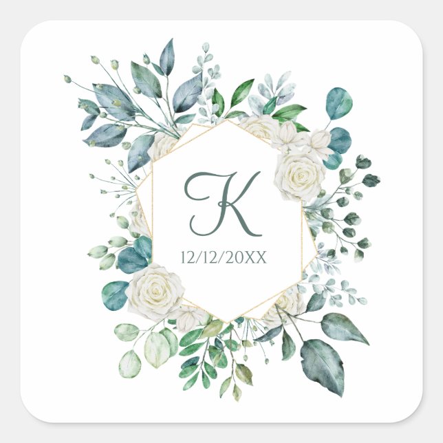 Sticker Carré Roses blanches Monogramme Feuillage Eucalyptus Mar (Devant)