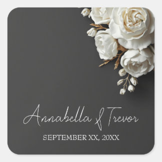 Sticker Carré Roses blanches & Pivoines sur fond Charbon de bois