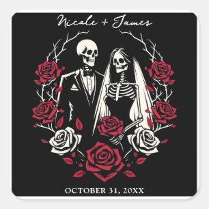 Sticker Carré Roses blanches rouges & noires Squelette Couple Ma