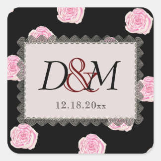 Sticker Carré Roses de chou rose et Mariage de dentelle noire