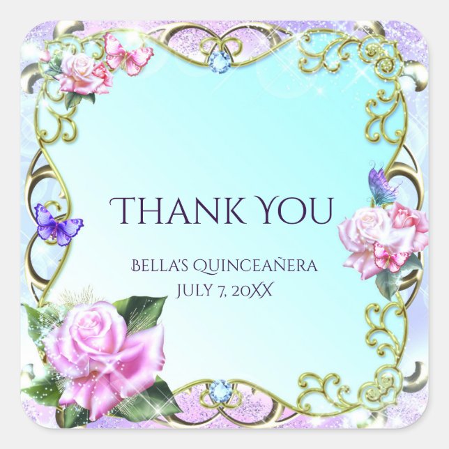 Sticker Carré Roses et papillons fête d'anniversaire Favoriser (Devant)