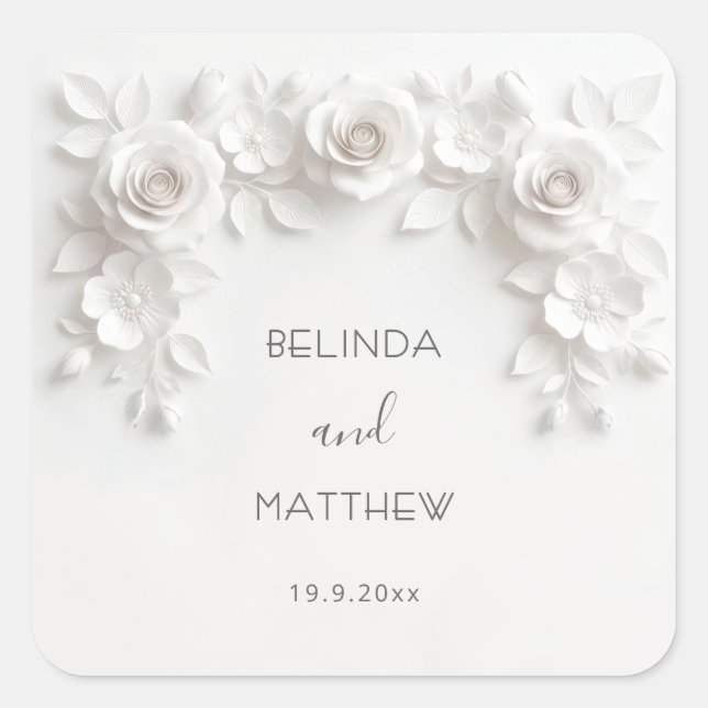 Sticker Carré Roses Florales 3D Blanches | Mariage (Devant)