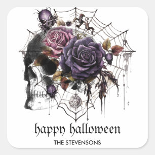 Sticker Carré Roses gothiques simples et crâne fête d'Halloween
