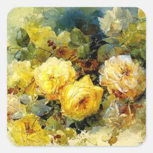Sticker Carré Roses jaunes, peinture florale