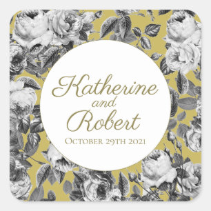 Sticker Carré Roses noires et blanches élégantes sur Mariage or
