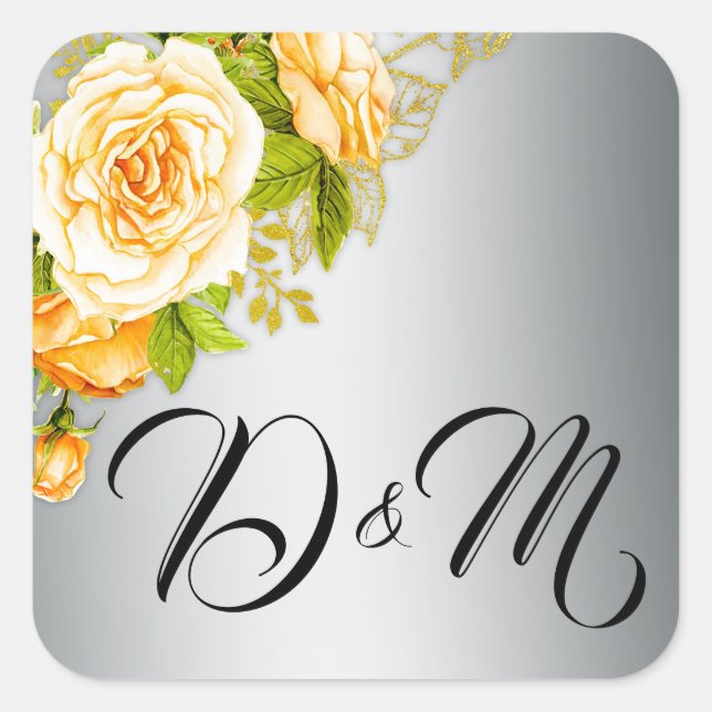 Sticker Carré Roses or et Mariage argent (Devant)