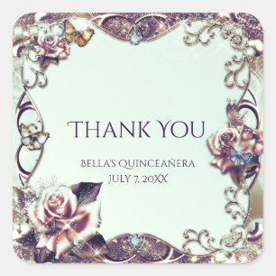 Sticker Carré Roses & Papillons Bronze Quinceañera Party