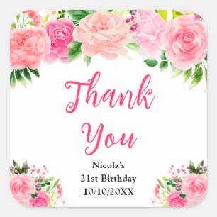 Sticker Carré Roses roses avec feuillage Anniversaire Merci