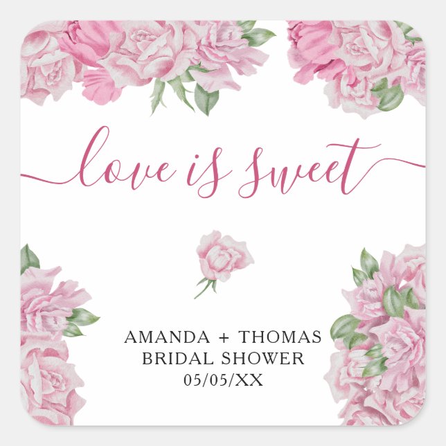 Sticker Carré Roses roses blush rose en aquarelle - l'amour est  (Devant)
