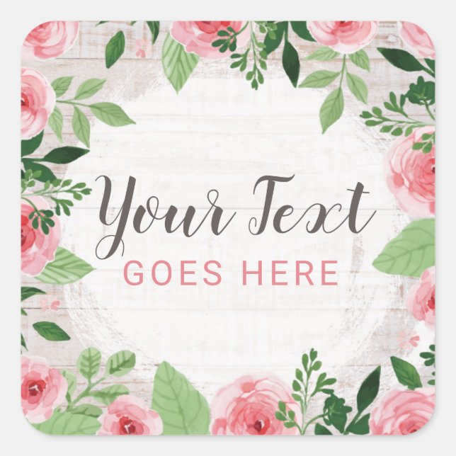 Sticker Carré Roses roses démodées sur du bois rustique de grang (Devant)