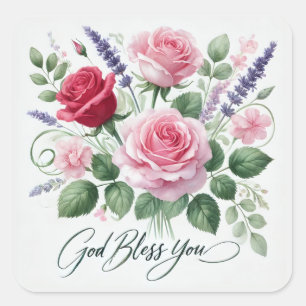 Sticker Carré Roses roses Dieu vous bénisse Religieux