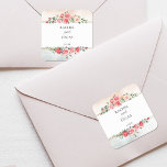 Sticker Carré Roses roses roses roses romantiques<br><div class="desc">Jolie grappe d'élégantes roses et feuillages rose pâle à l'aquarelle pastel sur un arrière - plan d'aquarelle pastel,  étiquette bordé d'or et champs de texte modifiables.</div>