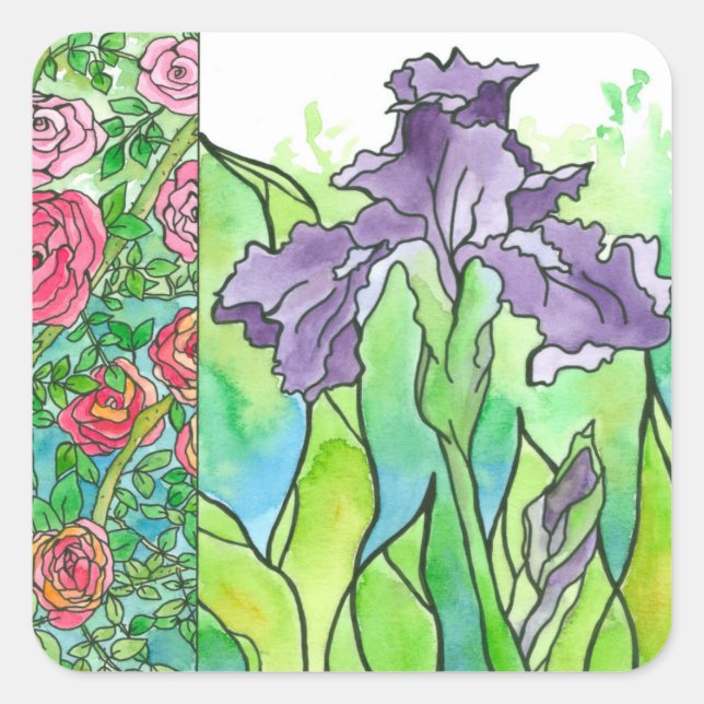 Sticker Carré Roses roses violettes Iris Aquarelle Fleurs (Devant)