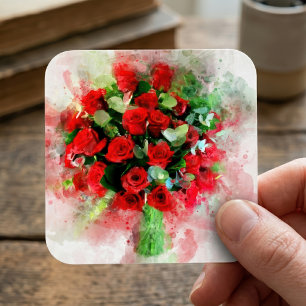 Sticker Carré Roses rouges Bouquet d'aquarelle de fleur - wb