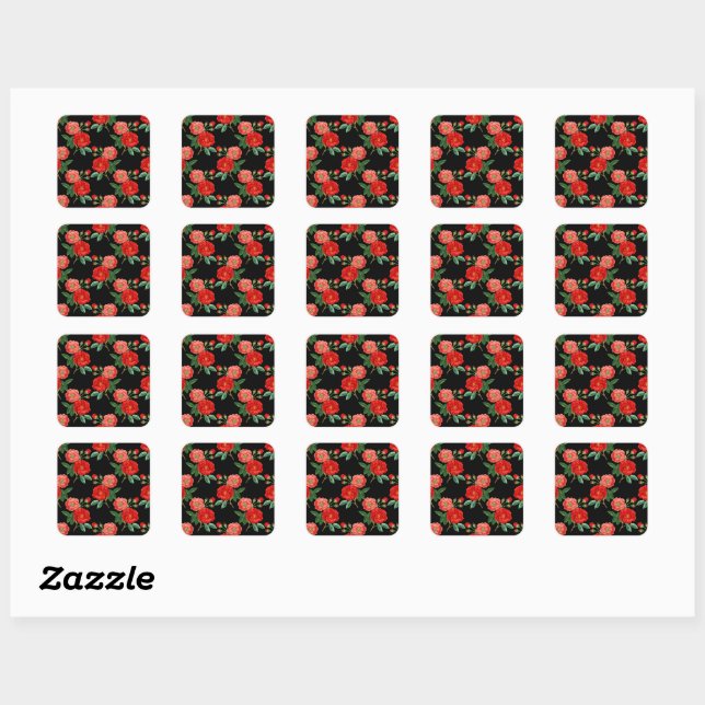 Sticker Carré Roses rouges, fond noir, (Feuille)