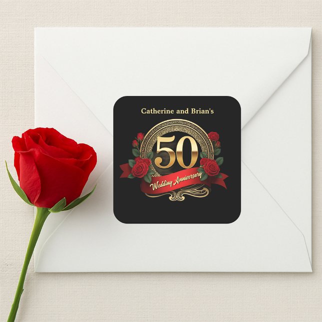 Sticker Carré Roses Rouges Golden 50ème Anniversaire de Mariage (Créateur téléchargé)