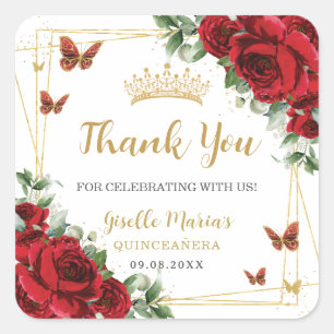 Sticker Carré Roses Rouges Papillons Floraux Quinceanera Douze A