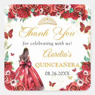 Sticker Carré Roses rouges Papillons floraux Quinceañera Princes