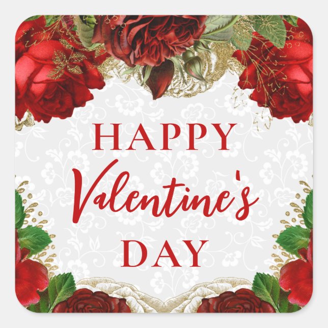 Sticker Carré Roses rouges romantiques Joyeuse Saint-Valentin (Devant)