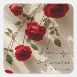 Sticker Carré Roses Rouges Romantiques Nom Personnalisé