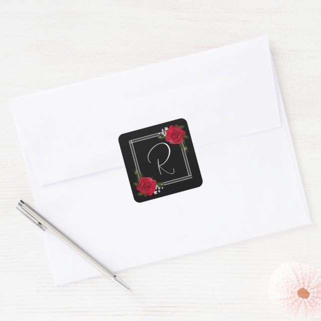 Sticker Carré Roses rouges sur Mariage noir (Enveloppe)
