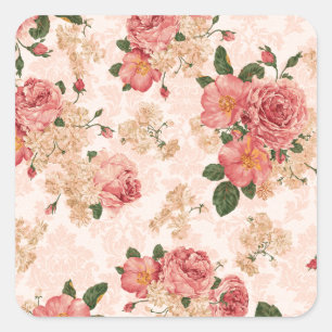 Sticker Carré Roses victoriens vintages sur Damas rose