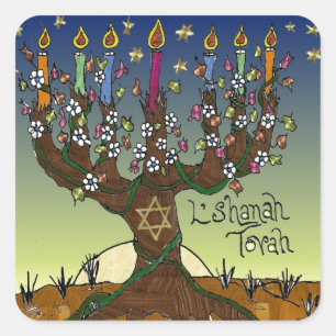 Sticker Carré Rosh Hashanah L'Shanah Tovah Arbre de Vie Menorah