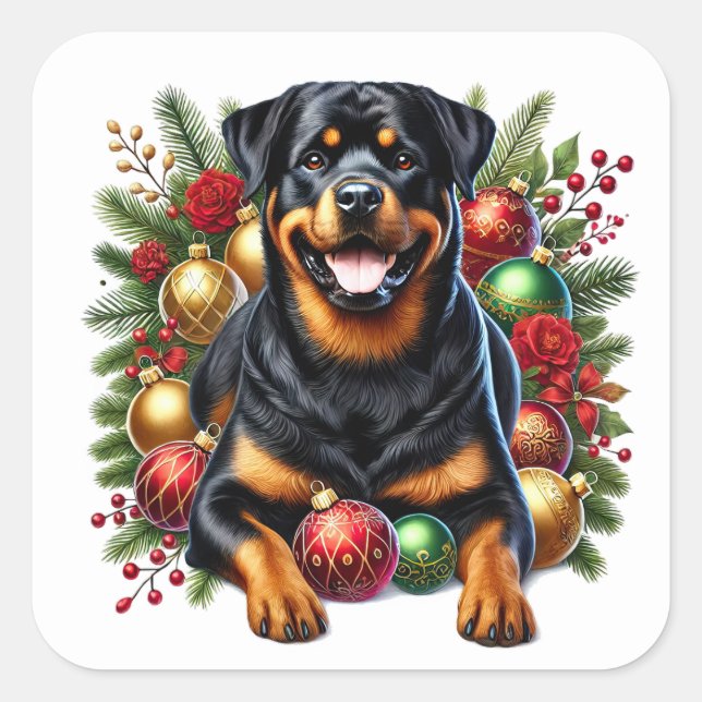 Sticker Carré Rottweiler au milieu des ornements de Noël (Devant)