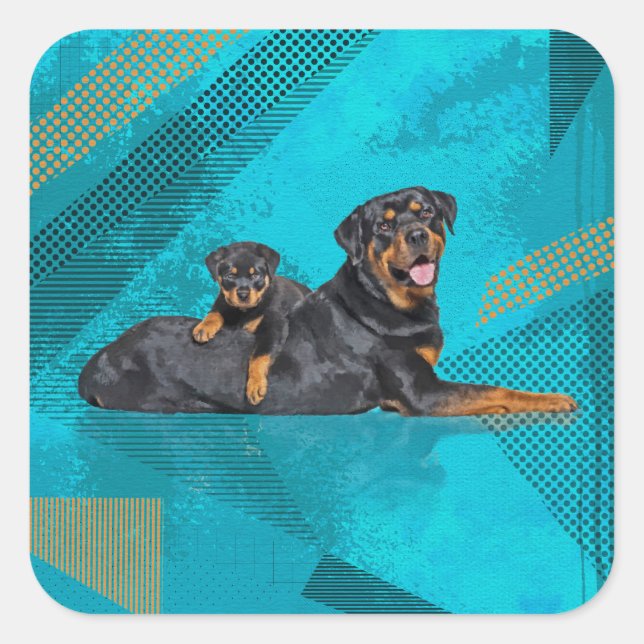 Sticker Carré Rottweiler avec un chiot (Devant)