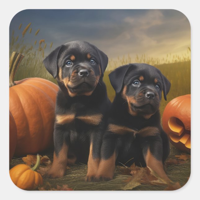 Sticker Carré Rottweiler Chiot Automne Citrouille de plaisir (Devant)