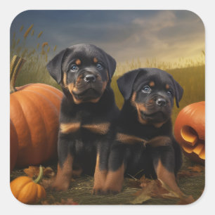 Sticker Carré Rottweiler Chiot Automne Citrouille de plaisir