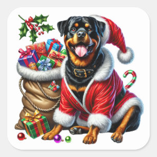 Sticker Carré Rottweiler dans un décor festif avec cadeaux de No