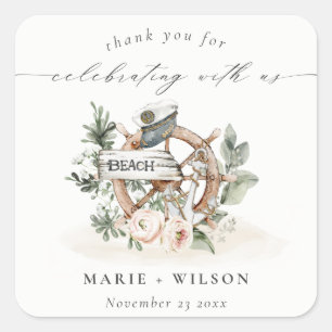 Sticker Carré Roue d'Ancre nautique rustique Mariage floral feui