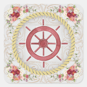 Sticker Carré Roue du navire nautique et roseate floral