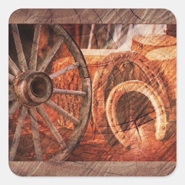 Sticker Carré Roue en Wagon Rustique Horseshoes Style Occidental (Devant)