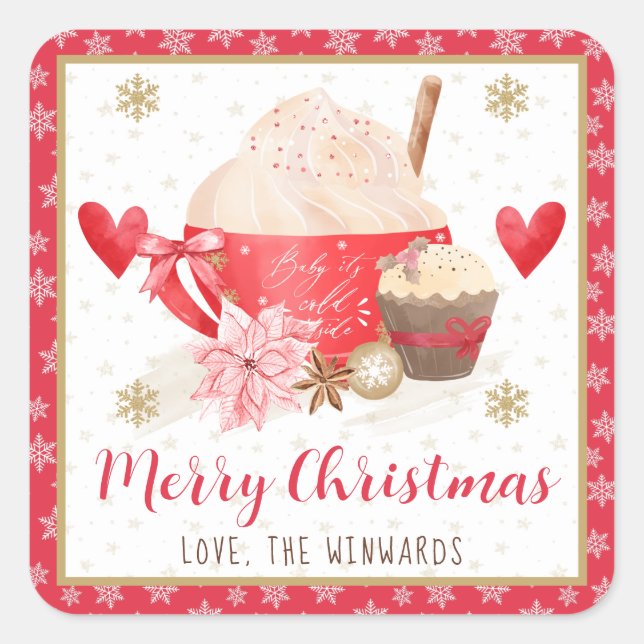 Sticker Carré Rouge Cocoa & Cupcake Joyeux Noël (Devant)
