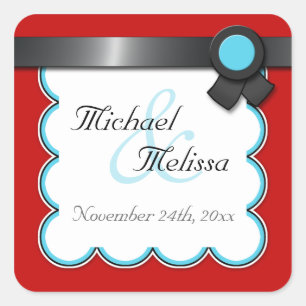 Sticker Carré Rouge et Turquoise, Noir Ribbon Mariage Favor Stic